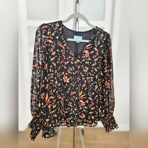 088. CeCe Red and Orange Ruffled V-Neck Blouse